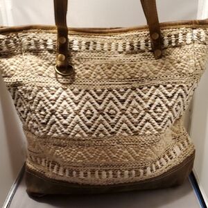 Myra Bag Tan and Cream Bohemain Trible Canvas Rug & Leather Tote Bag.